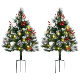 2ft 2-Pack Outdoor Entryway Pre-Lit Artificial Christmas Tree Cordless with 70 Branches, LED lights, Red Berries, Pine Cones & Balls, Green