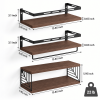 3-Piece Floating Wall Shelves Set, Rustic Brown Wood Wall Mounted Shelves with Towel Bar and Metal Guardrails, 22 lb Capacity Per Shelf