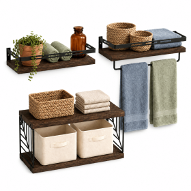 3-Piece Floating Wall Shelves Set, Rustic Brown Wood Wall Mounted Shelves with Towel Bar and Metal Guardrails, 22 lb Capacity Per Shelf