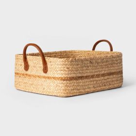 Braided Water Hyacinth Cube Basket with Faux Leather Handles