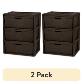 (2 pack) Wide 3 Drawer Tower, Easy to Assemble with Removable Decorative Cross-Weave Plastic Drawers, Tool-Free, Brown