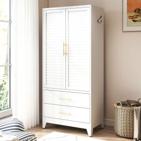 White Metal Wardrobe Closet with 2 Doors and Drawers, 71″ Tall Storage Cabinet for Bedroom, Lightweight Portable Closet for Small Apartments, Dorm