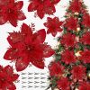 16 PCS Poinsettia Flower Artificial Poinsettias with Clips Christmas Decor Glitter Poinsettia Christmas Ornaments Xmas Tree Flower Decorations with St