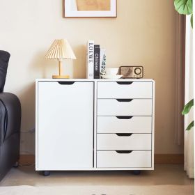 5-Drawer Wood Drawer Cabinet, Office Storage Cabinet with Adjustable Shelf & Wheels, Printer Stand for Home Office, White