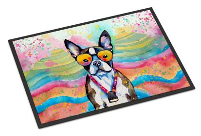 NEW Boston Terrier Hippie Dawg Doormat Front Door Mat Indoor Outdoor Rugs for Entryway, Non Slip Washable Low Pile, 18H X 27W