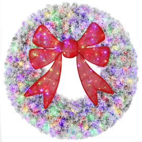 36in Flocked Pre-Lit Christmas Wreath with 3D Red Bow, 11 Lighting Modes, Front Door Christmas Wreath with Remote