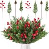 60 Pcs Christmas Artificial Pine Branches Red Berry Stems and Pine Cones