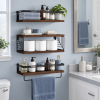 3-Piece Floating Wall Shelves Set, Rustic Brown Wood Wall Mounted Shelves with Towel Bar and Metal Guardrails, 22 lb Capacity Per Shelf