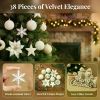 38Pcs Velvet Christmas Tree Ornaments Set, Flocked Plush Christmas Balls, Poinsettia Flower, Star, Bow, Merry Christmas Wooden Sign
