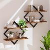 2 Pack Geometric Diamond Floating Wall Shelves, Industrial Wood and Metal Wall Mounted Display Racks