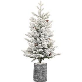 2FT Flocked Christmas Tree with Pot 30 Pre-Lit Warm White LED Lights 3 Pine Cone Decorations Potted Artificial Christmas Tree for Tabletop Bedroom Man (size: 4.5 FT)