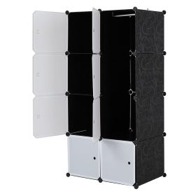 8 Cube Organizer Stackable Plastic Cube Storage Shelves Design Multifunctional Modular Closet Cabinet with Hanging Rod White Doors and Black Pane (Color: white/black)