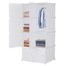 8 Cube Organizer Stackable Plastic Cube Storage Shelves Design Multifunctional Modular Closet Cabinet with Hanging Rod White Doors and Black Pane (Color: White)